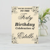Elegant Floral 40th Birthday Invitation Template Kaart (Staand voorkant)