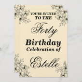 Elegant Floral 40th Birthday Invitation Template Kaart (Voorkant / Achterkant)