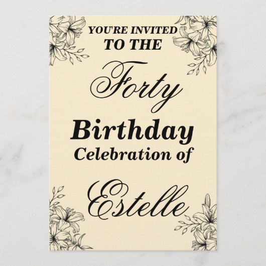 Elegant Floral 40th Birthday Invitation Template Kaart (Voorkant)