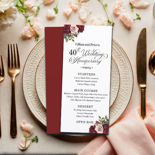 Elegant Floral 40th Wedding Anniversary Menu