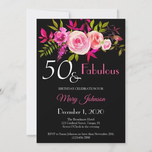 Elegant Floral 50 & Fabulous Birthday Invitation Save The Date (Voorkant)