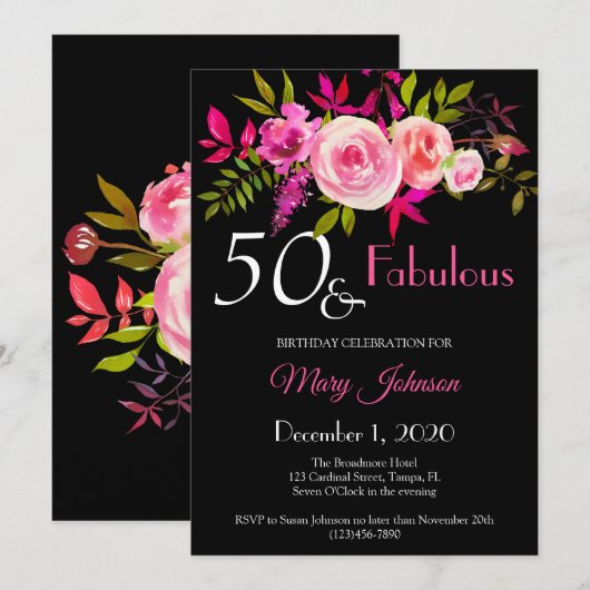 Elegant Floral 50 & Fabulous Birthday Invitation Save The Date (Voorkant / Achterkant)