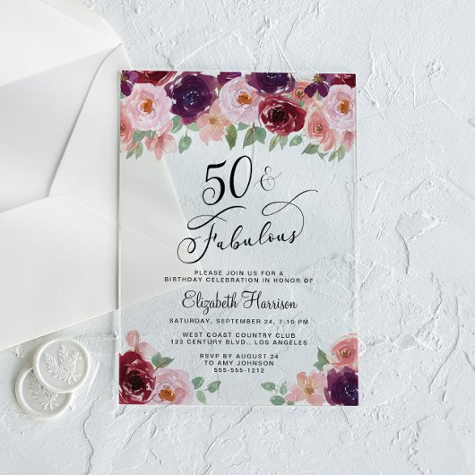 Elegant Floral 50th Birthday Party Acryl Uitnodigingen