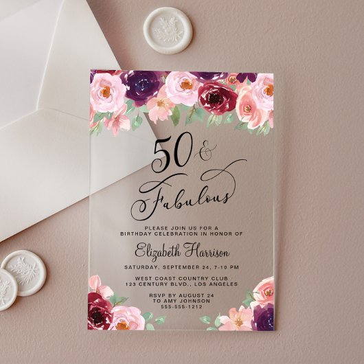 Elegant Floral 50th Birthday Party Acryl Uitnodigingen