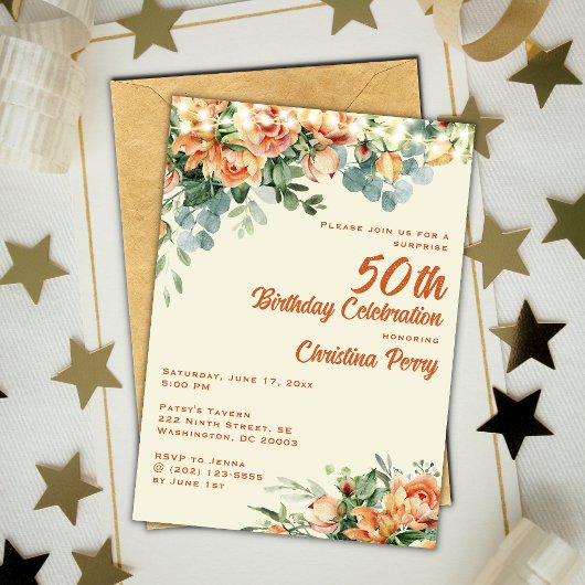 Elegant Floral 50th Birthday Party Invitation Kaart