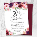 Elegant Floral 50th Birthday Party Kaart<br><div class="desc">Elegant en chic 50th verjaardagsfeestuitnodiging met "50 & Fabulous",  geschreven in stijlvol script en waterverf bouquets van Bourgogne rood,  wazige roze en platte paarse bloemen met lichtgrijze opgeruimd. Pas haar naam en partijgegevens eenvoudig aan.</div>