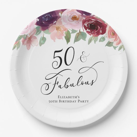 Elegant Floral 50th Birthday Party Papieren Bordje (Voorkant)