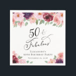 Elegant Floral 50th Birthday Party Servet<br><div class="desc">Elegant napkins voor haar 50ste verjaardagsfeest met "50 & Fabulous" in een stijlvol script en waterverf bouquets van Bourgogne rood,  wazige roze en paarse bloemen met lichte slagegroenerij. Eenvoudig personaliseren met haar naam en de feestdatum.</div>