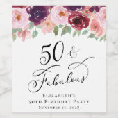 Elegant Floral 50th Birthday Party Wijn Etiket (Enkel label)