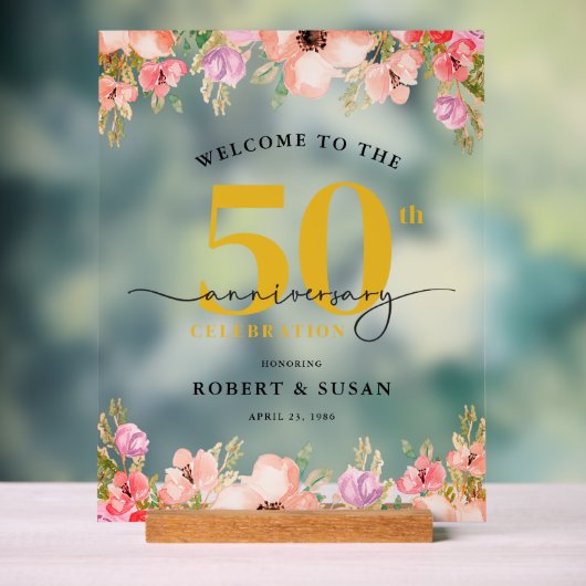 Elegant Floral 50th Wedding Anniversary Welcome Acryl Bord (Neutraal)