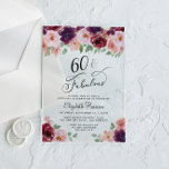 Elegant Floral 60th Birthday Party Acryl Uitnodigingen<br><div class="desc">Chic clear acryluitnodiging voor haar 60e verjaardagsfeest met "60 & Fabulous" in een elegant script en waterverven van bordeauxrode,  roze en paarse bloemen.</div>