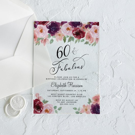 Elegant Floral 60th Birthday Party Acryl Uitnodigingen