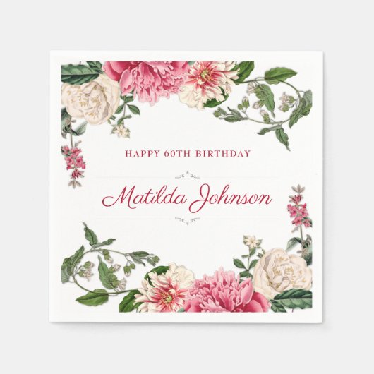 Elegant Floral 60th Birthday Party Classy Custom Servet (Voorkant)
