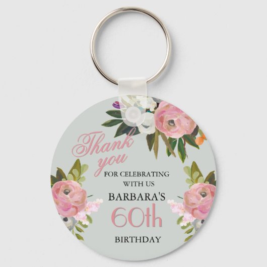 Elegant Floral 60th Birthday Party Favor Sleutelhanger (Voorkant)