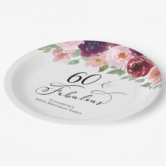 Elegant Floral 60th Birthday Party Papieren Bordje (Gekanteld)
