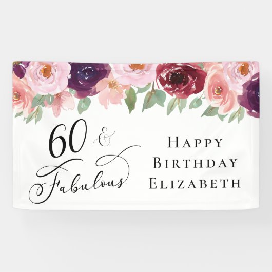 Elegant Floral 60th Birthday Party Spandoek (Horizontaal)