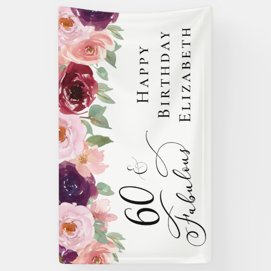 Elegant Floral 60th Birthday Party Spandoek (Verticaal)