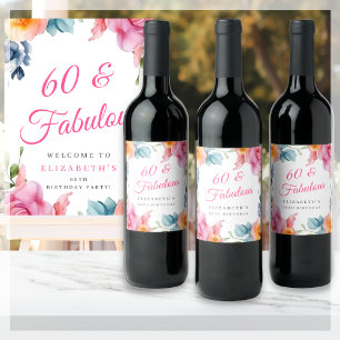 Elegant Floral 60th Birthday Party Wijn Etiket