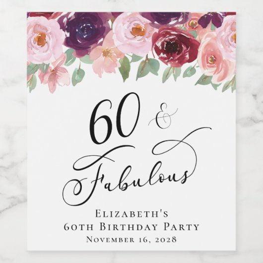 Elegant Floral 60th Birthday Party Wijn Etiket (Enkel label)