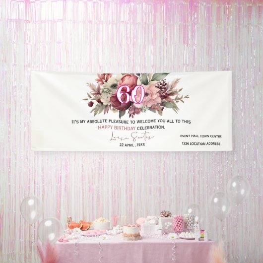 Elegant Floral 60th Happy Birthday Banner (Feest)