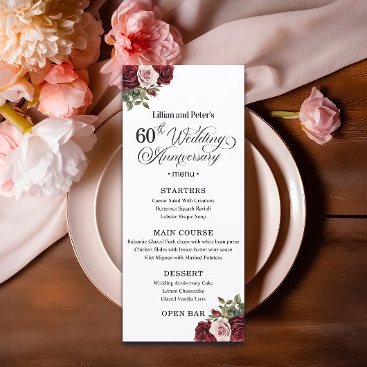 Elegant Floral 60th Wedding Anniversary Menu