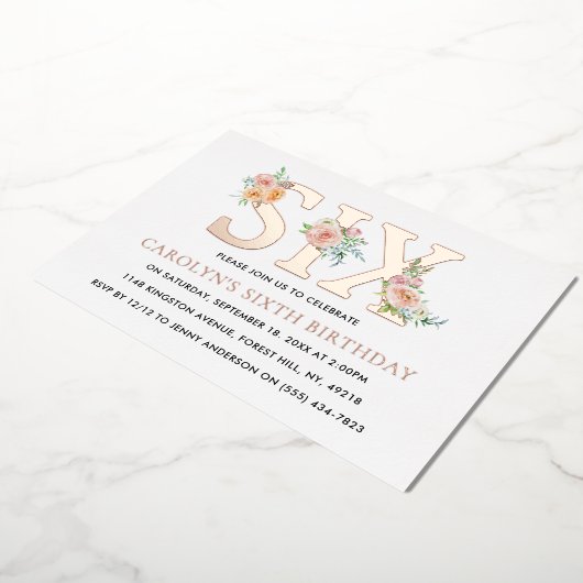 Elegant Floral 6e verjaardag EX Folie Uitnodiging (Gedraaid)