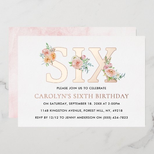 Elegant Floral 6e verjaardag EX Folie Uitnodiging (Voorkant / Achterkant)