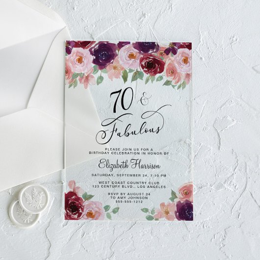 Elegant Floral 70th Birthday Party Acryl Uitnodigingen