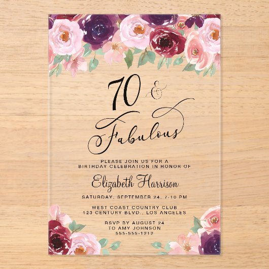 Elegant Floral 70th Birthday Party Acryl Uitnodigingen (Voorkant)
