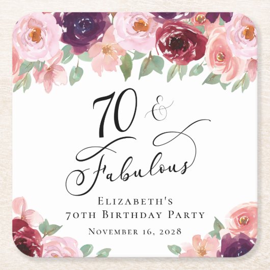 Elegant Floral 70th Birthday Party Kartonnen Onderzetters (Voorkant)