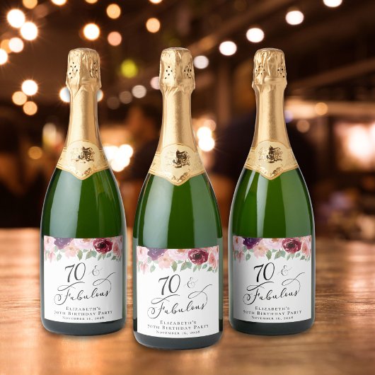 Elegant Floral 70th Birthday Party Sparkling Wijnetiket