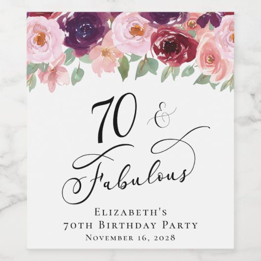 Elegant Floral 70th Birthday Party Wijn Etiket (Enkel label)