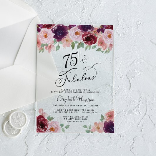 Elegant Floral 75th Birthday Party Acryl Uitnodigingen