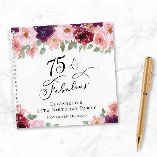 Elegant Floral 75th Birthday Party Gastenboek Notitieboek
