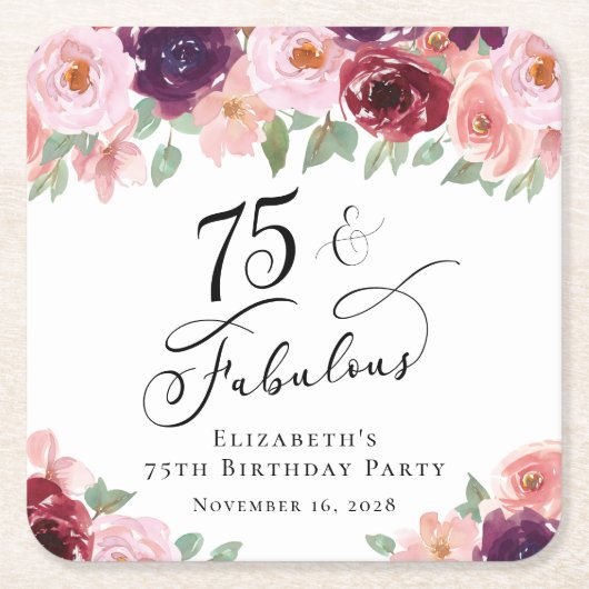 Elegant Floral 75th Birthday Party Kartonnen Onderzetters (Voorkant)