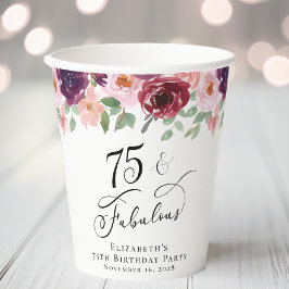 Elegant Floral 75th Birthday Party Papieren Bekers