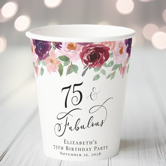 Elegant Floral 75th Birthday Party Papieren Bekers