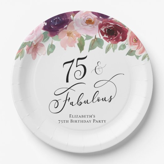 Elegant Floral 75th Birthday Party Papieren Bordje (Voorkant)