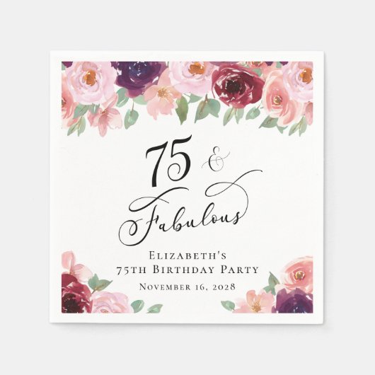 Elegant Floral 75th Birthday Party Servet (Voorkant)