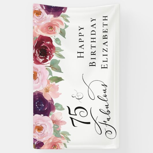 Elegant Floral 75th Birthday Party Spandoek (Verticaal)