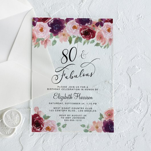 Elegant Floral 80th Birthday Party Acryl Uitnodigingen