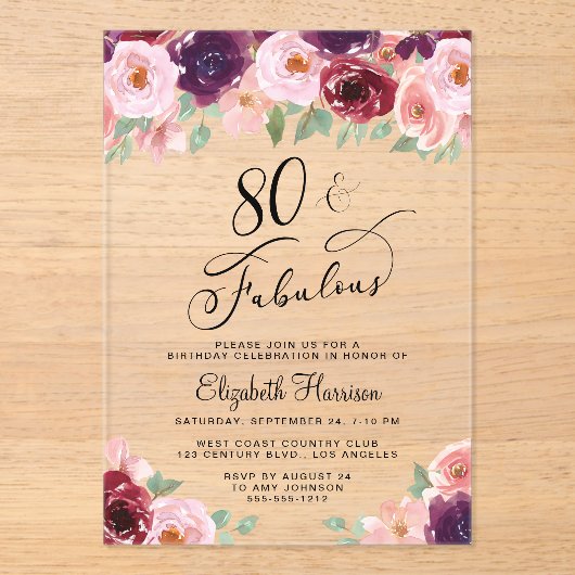 Elegant Floral 80th Birthday Party Acryl Uitnodigingen (Voorkant)