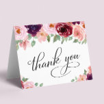 Elegant Floral 80th Birthday Party Bedankkaart<br><div class="desc">Elegant 80ste verjaardagsfeestje bedankpas met "Thank You" in een chique script en waterverf boeketten van bordeaux rood en blos roze bloemetjes met salie groen. Personaliseer uw bedankbericht en handtekening aan de binnenkant,  of laat leeg voor een handgeschreven notitie.</div>