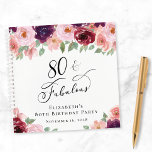 Elegant Floral 80th Birthday Party Gastenboek Notitieboek<br><div class="desc">Elegant 80ste verjaardagsfeestgastenboek met "80 & Fabulous" in een stijlvol kalligrafiescript en waterverf boeketten van bordeaux rood en blozend roze bloemetjes met salie groen.</div>