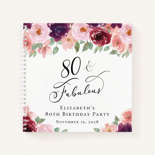 Elegant Floral 80th Birthday Party Gastenboek Notitieboek (Voorkant)