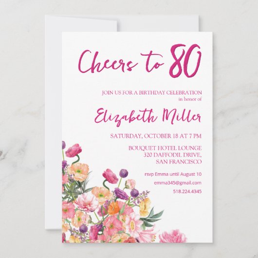 Elegant Floral 80th Birthday Party Kaart (Voorkant)