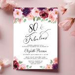 Elegant Floral 80th Birthday Party Kaart<br><div class="desc">Elegant 80e verjaardagsfeest met "80 & Fabulous" in een stijlvol script en waterverf boekjes van woedende rode,  roze en paarse bloemen met grijze bloemen.</div>