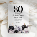 Elegant Floral 80th Birthday Party Kaart<br><div class="desc">Zet de toon voor een gedenkwaardige mijlpaalviering met onze 80e verjaardagsfeestuitnodigingen. De klassieke witte achtergrond contrasteert prachtig met de rustieke zwarte en lila waterverf bloemen, waardoor de uitnodiging een absolute visuele traktatie is. In combinatie met een chique tachtigste verjaardagsfeest tekst sjabloon die u kunt personaliseren, deze uitnodigingen zijn een perfecte...</div>