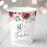 Elegant Floral 80th Birthday Party Papieren Bekers<br><div class="desc">Elegante papieren bekers voor haar 80ste verjaardagsfeestje met "80 & Fabulous" in een stijlvol script en waterverf boeketten van bordeaux rood,  blush roze en paarse bloemen met salie groen.</div>