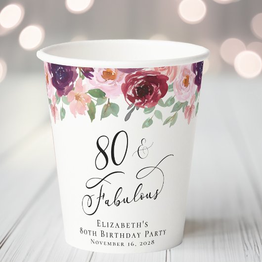 Elegant Floral 80th Birthday Party Papieren Bekers